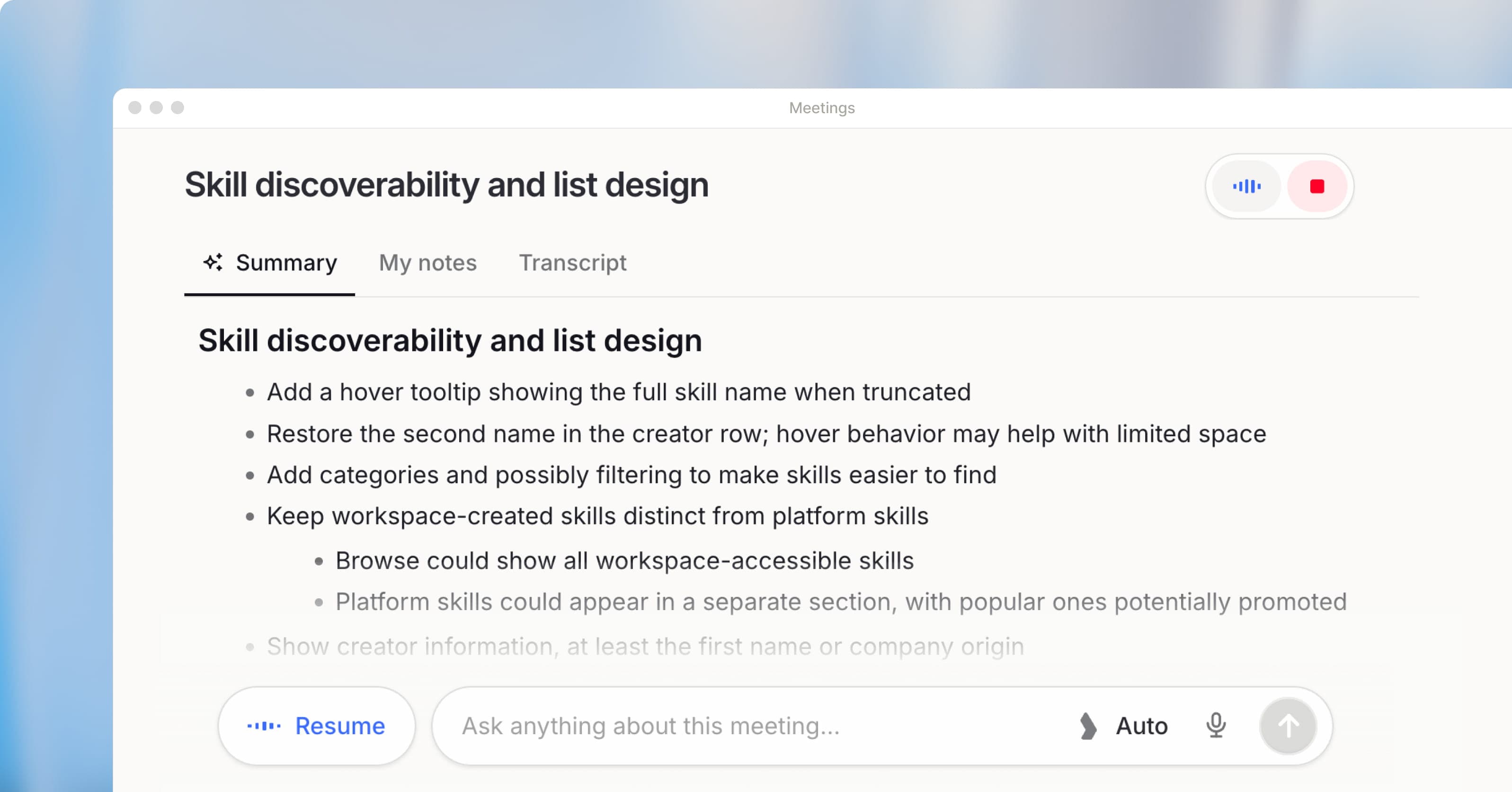 Langdock Meetings with meeting summary, notes and transcript